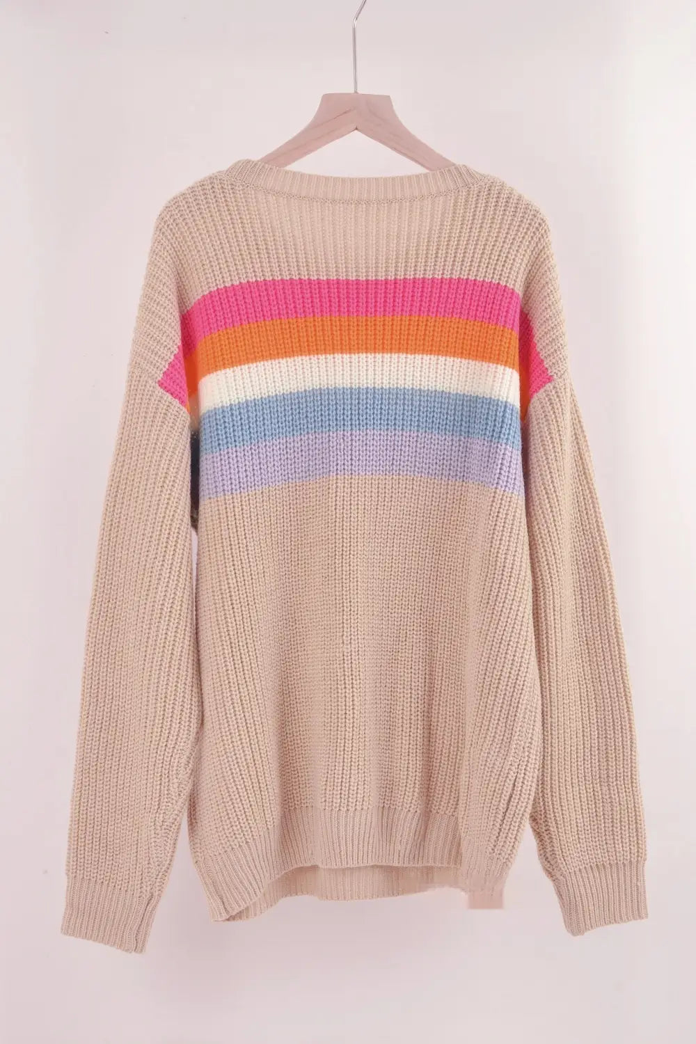 Womens Plaid Striped Khaki White Slim Fit Pullover Sweater Acrylic Long Sleeve