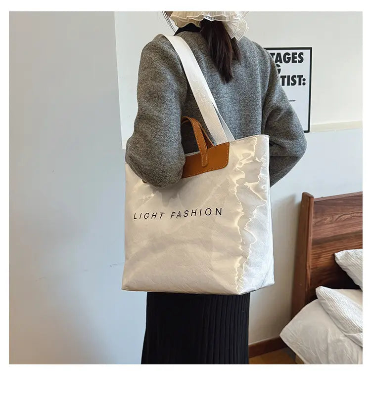 Kraft Paper Shoulder Bag Medium Square Tote in Neutral and Green Colors