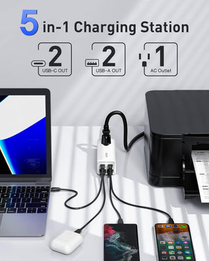 USB C Charger MANTO 65W 5-in-1 GaN USB Charging Station Super Fast Charger With 2 USB C Ports 2 USB Ports And 1 Outlet