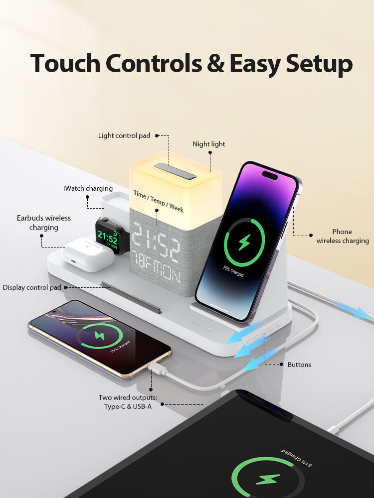 6-in-1 Wireless Charging Set Touch Night Light Mobile Phone Bluetooth Synchronization Time - Power Up with 6-in-1