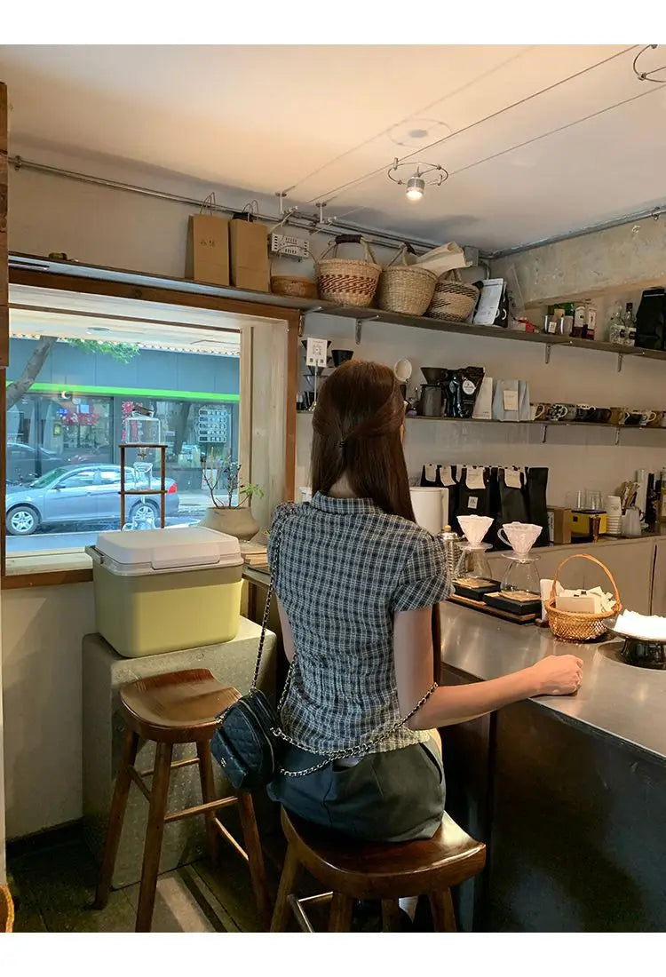 Plaid Cotton Short Sleeve Shirt for Women Men Loose Fit Spring Summer