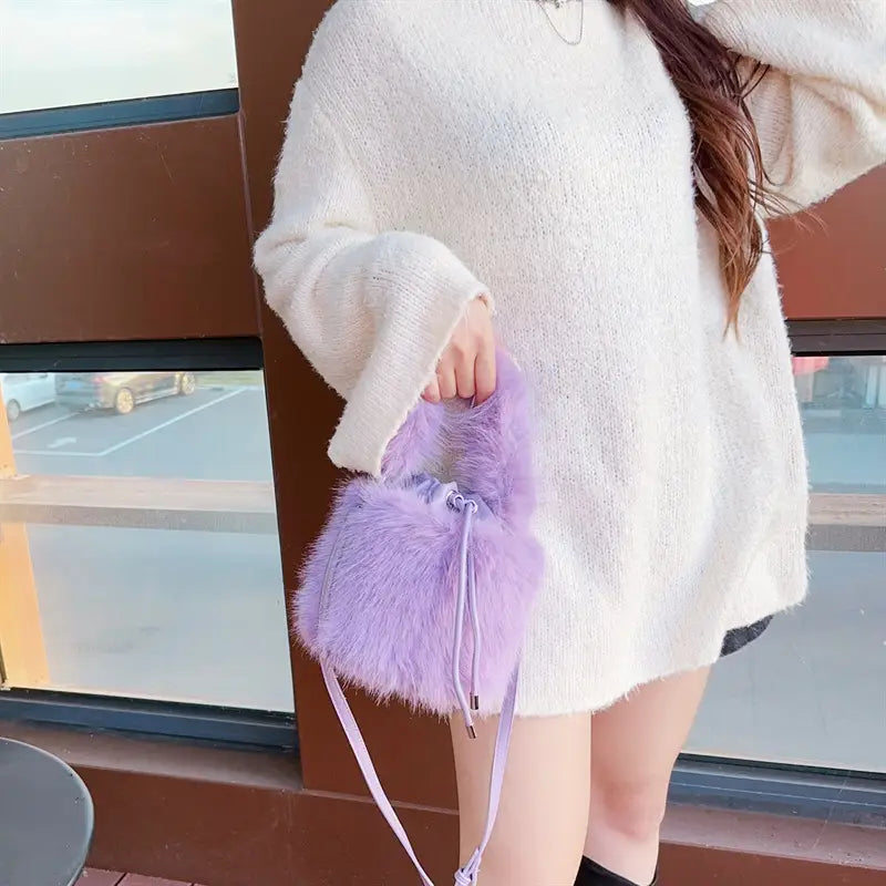 Furry Crossbody Bag Portable Bucket Suitcase with Soft Plush Material