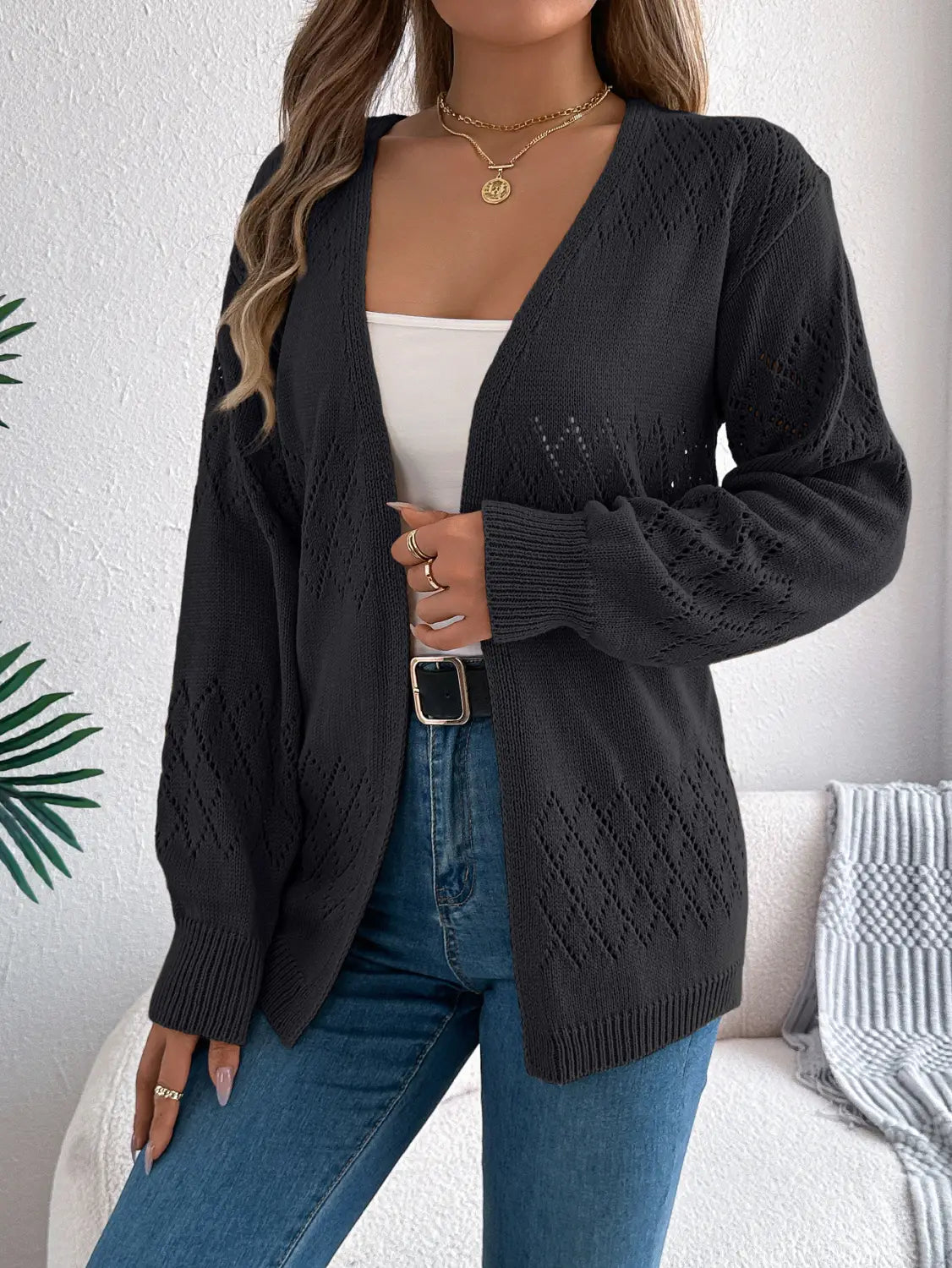 Khaki Bán Black Hollow Out Knit Cardigan Streetwear Swipster Hipster Hipster S-XL