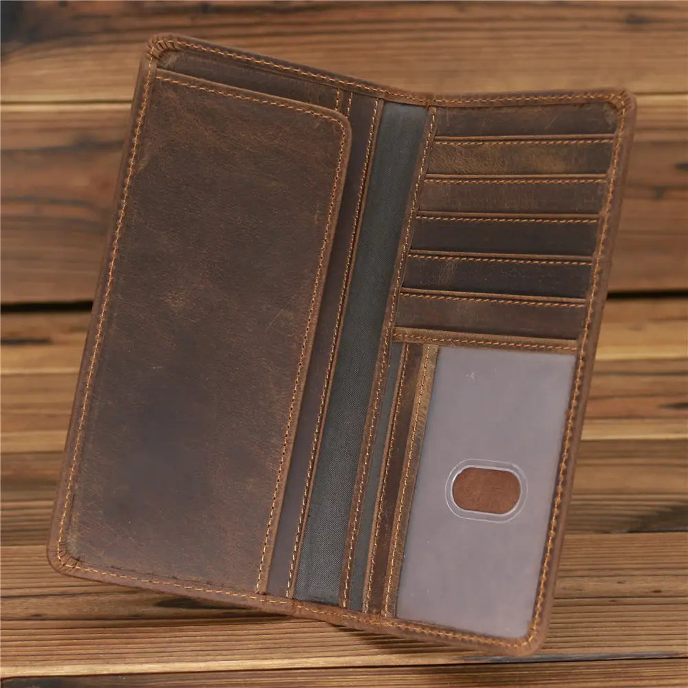 European Retro Leather Long Wallet for Men in Dark and Reddish Brown