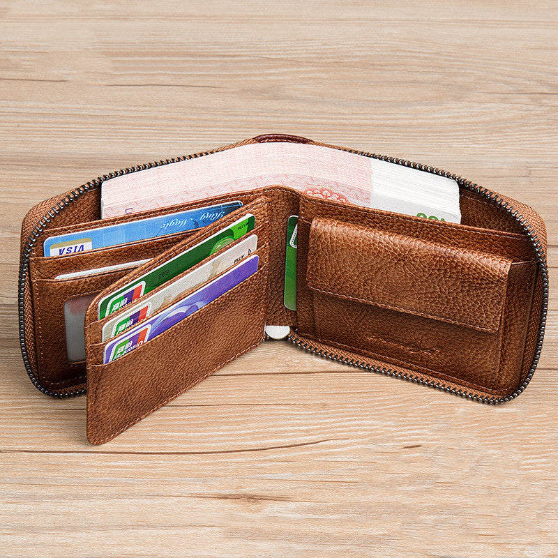 First Layer Cowhide Zipper Card Holder Driver’s License Wallet Wallet - First Layer Cowhide Wallet for Minimalist