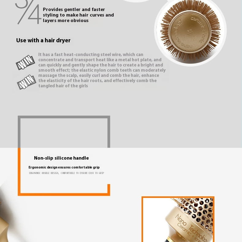 Golden Nylon Wool Ceramic Tube Rolling Comb with Pointed Tail for Hair Styling