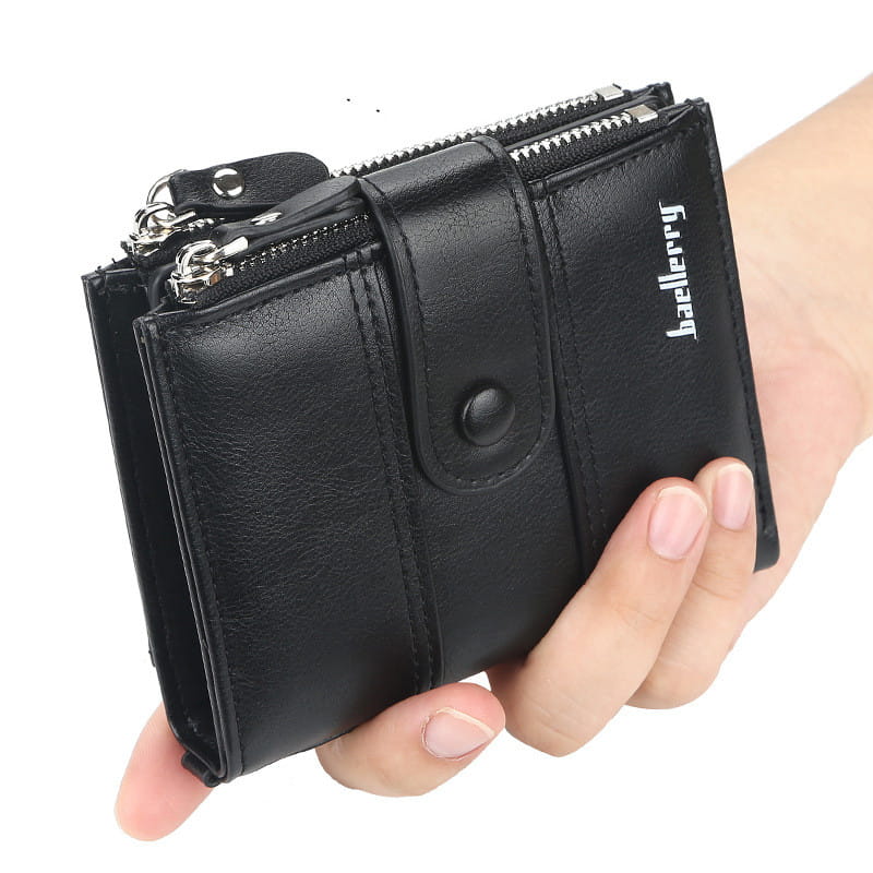 Men’s PU Leather Wallet with Double Zipper and 3 Fold Design in Khaki Black Brown
