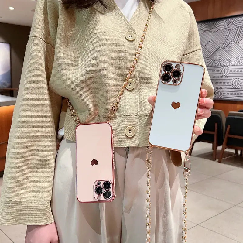 Electroplated Love Lanyard Phone Case for iPhone 11 12 8 with Anti-fall TPU