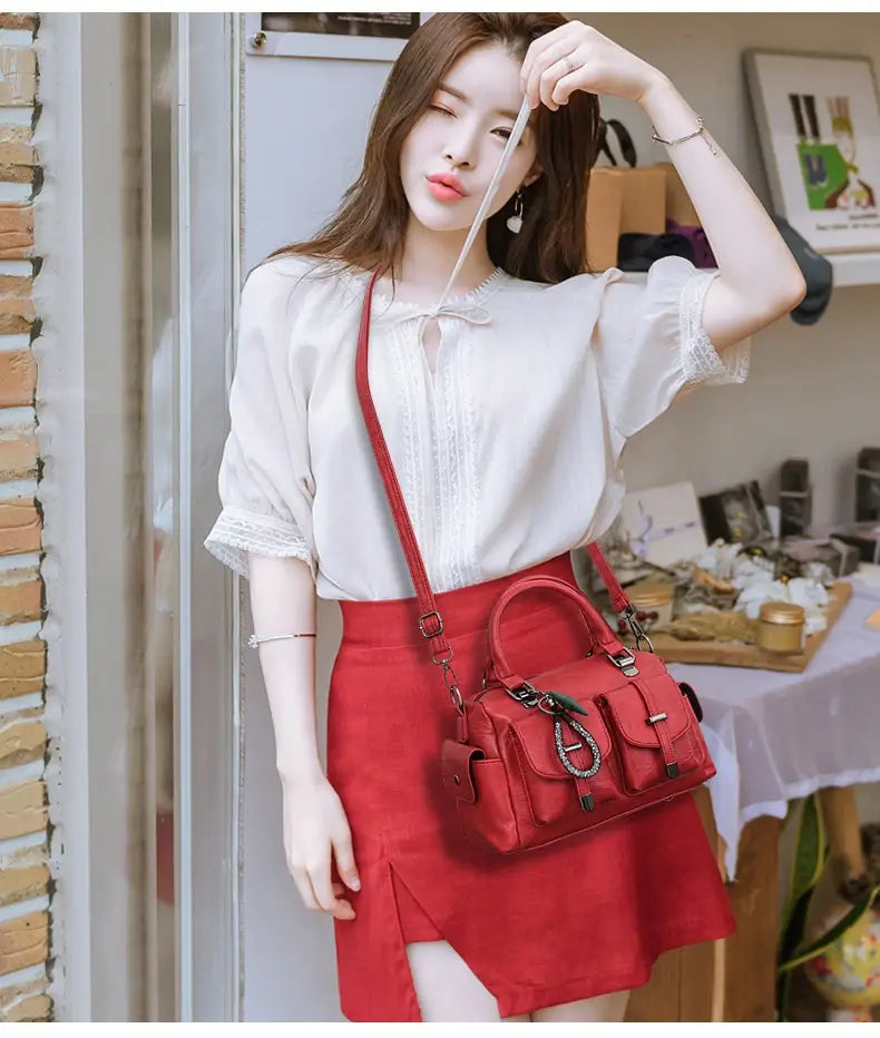 Geanta de umăr din piele PU cu compartimente cu fermoar pentru femei multiple culori