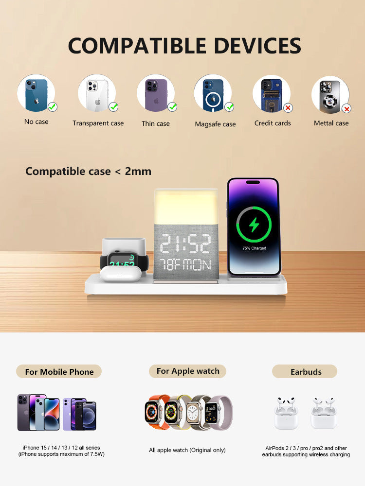 6-in-1 Wireless Charging Set Touch Night Light Mobile Phone Bluetooth Synchronization Time - Power Up with 6-in-1