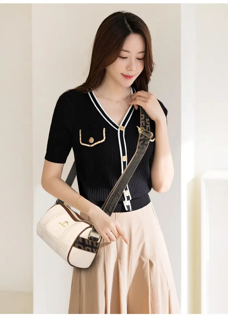 Color Contrast Patchwork Rivet Crossbody Bag with Soft Leather Shoulder Strap