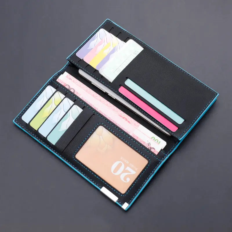 PU Leather Multi Card Money Clip Wallet with ID and Photo Slots in Blue or Black