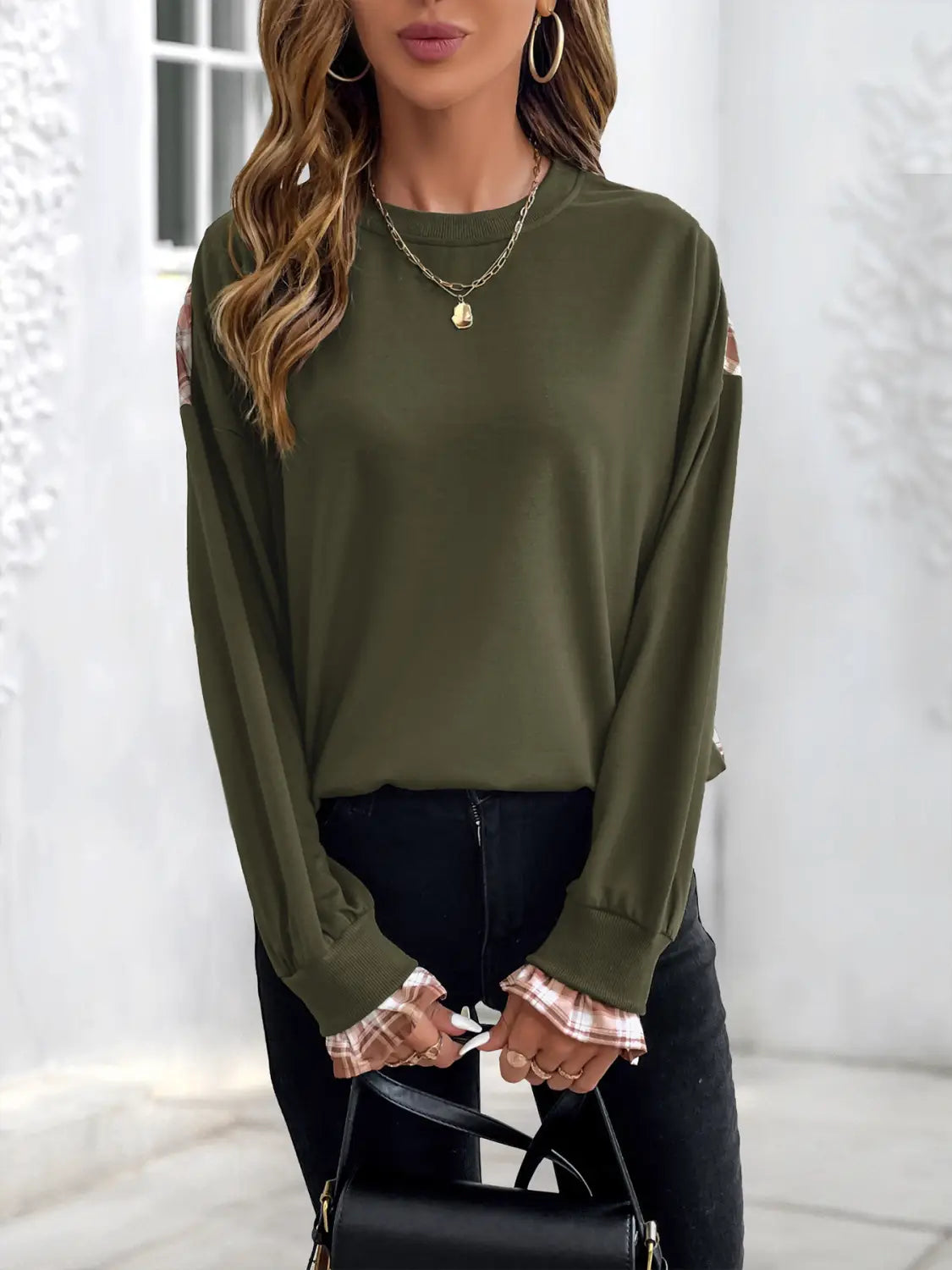 Army Green Loose Fit Pullover Japanese Korean Casual Splice Sweatshirt