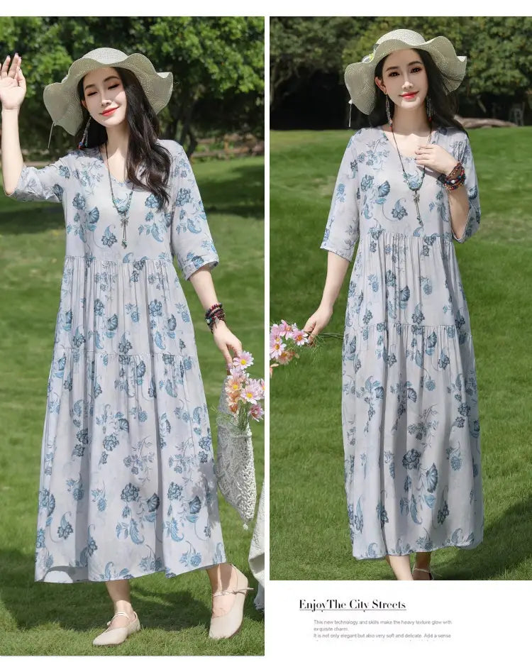 Plus-kokoinen Retro Art A-Line MIDI -hame Viscoosi Lyhythihainen mekko Naiset