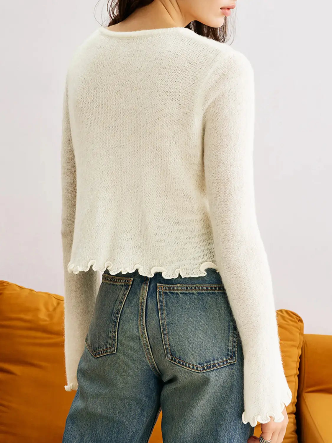 Kobiet Petal Sleeve pullover długi akrylowy sweter biały s-xl