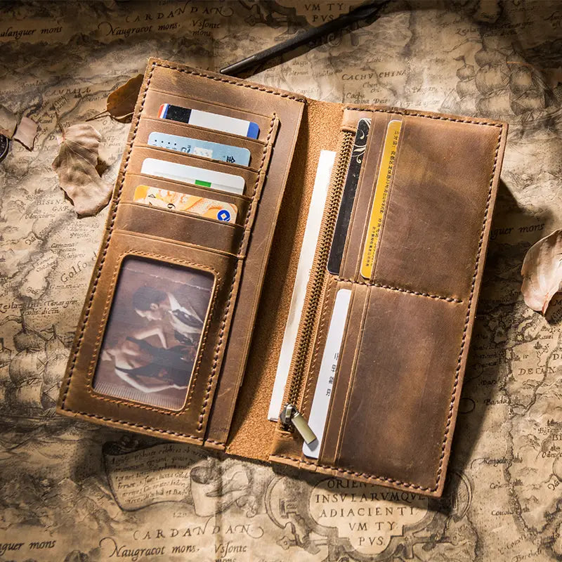 Crazy Horse Leather Long Wallet in Dark Brown Blue and Coffee Colors