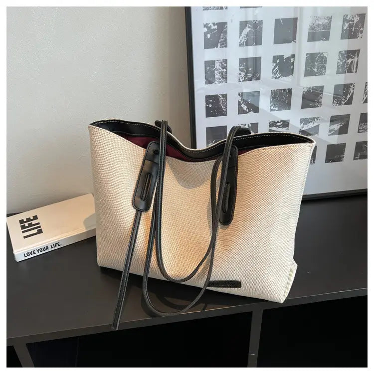 Canvas Shoulder Bag Large Oxford Tote Black Brown Double Strap for Travel Work