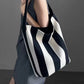 Black And White Contrast Color Wide Shoulder Striped Canvas Bag