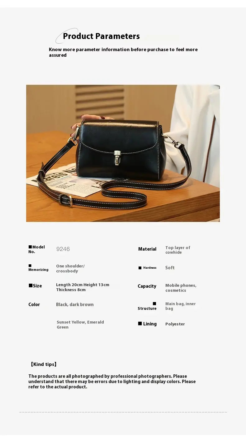 Exquisite Cowhide Small Square Bag with Internal Zipper in Stylish Simple Design