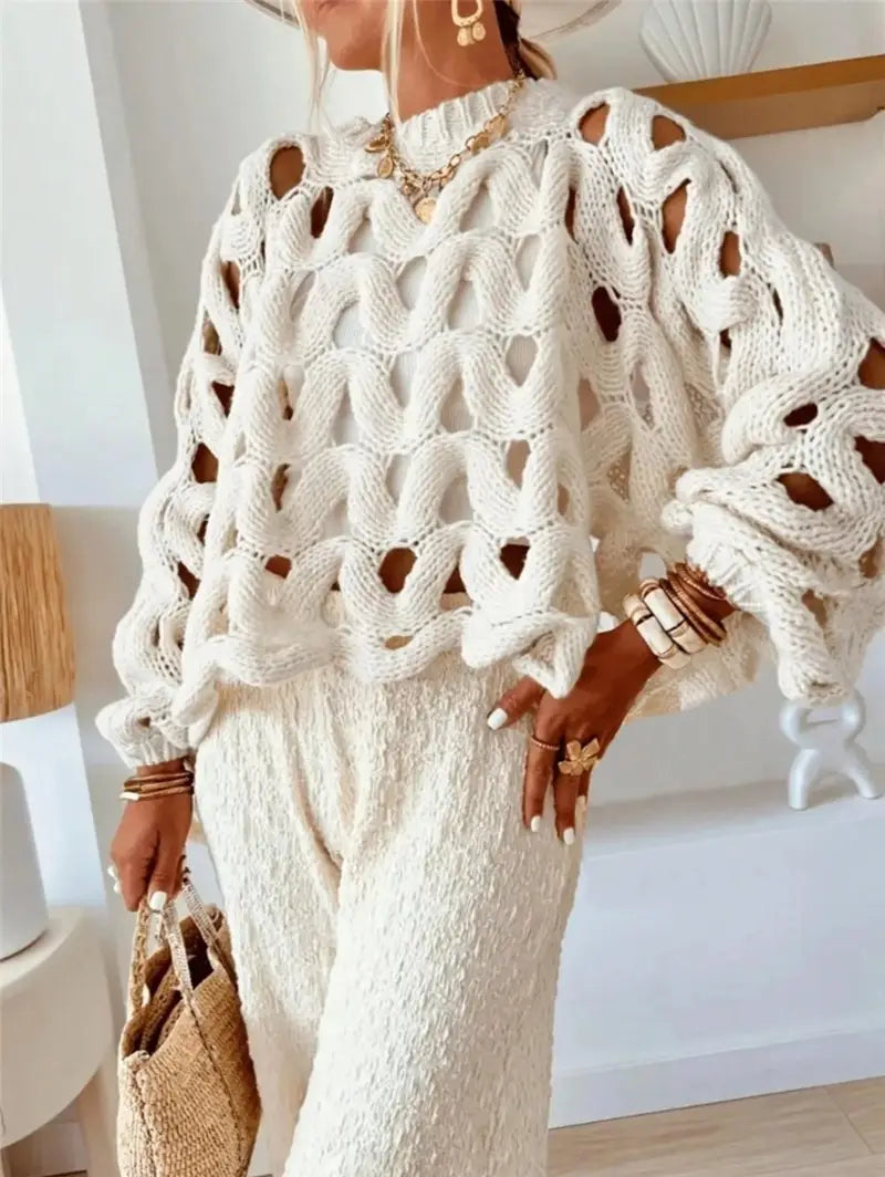 Crocheted Flowers Long Sleeve Pullover Sweater Apricot White S to XL