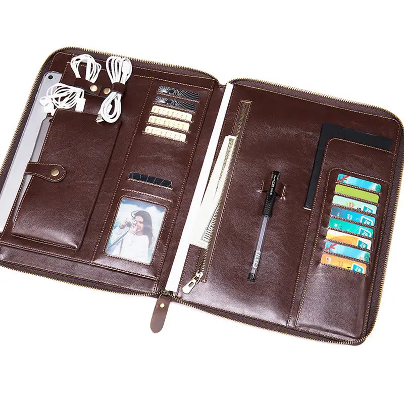 Leather Cowhide Card Holder for Men with Zipper and Photo Slots in United States
