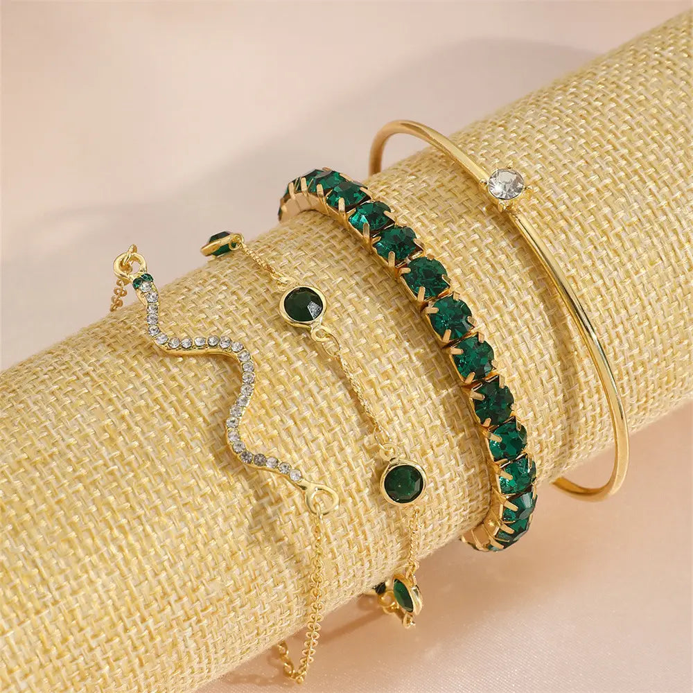 Fashion Green Grandmother Diamond Snake Style Alloy Bracelet Set