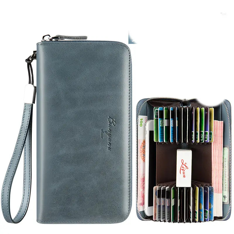 Leather Bank Card Holder Clutch Bag with Zipper and Key Slot