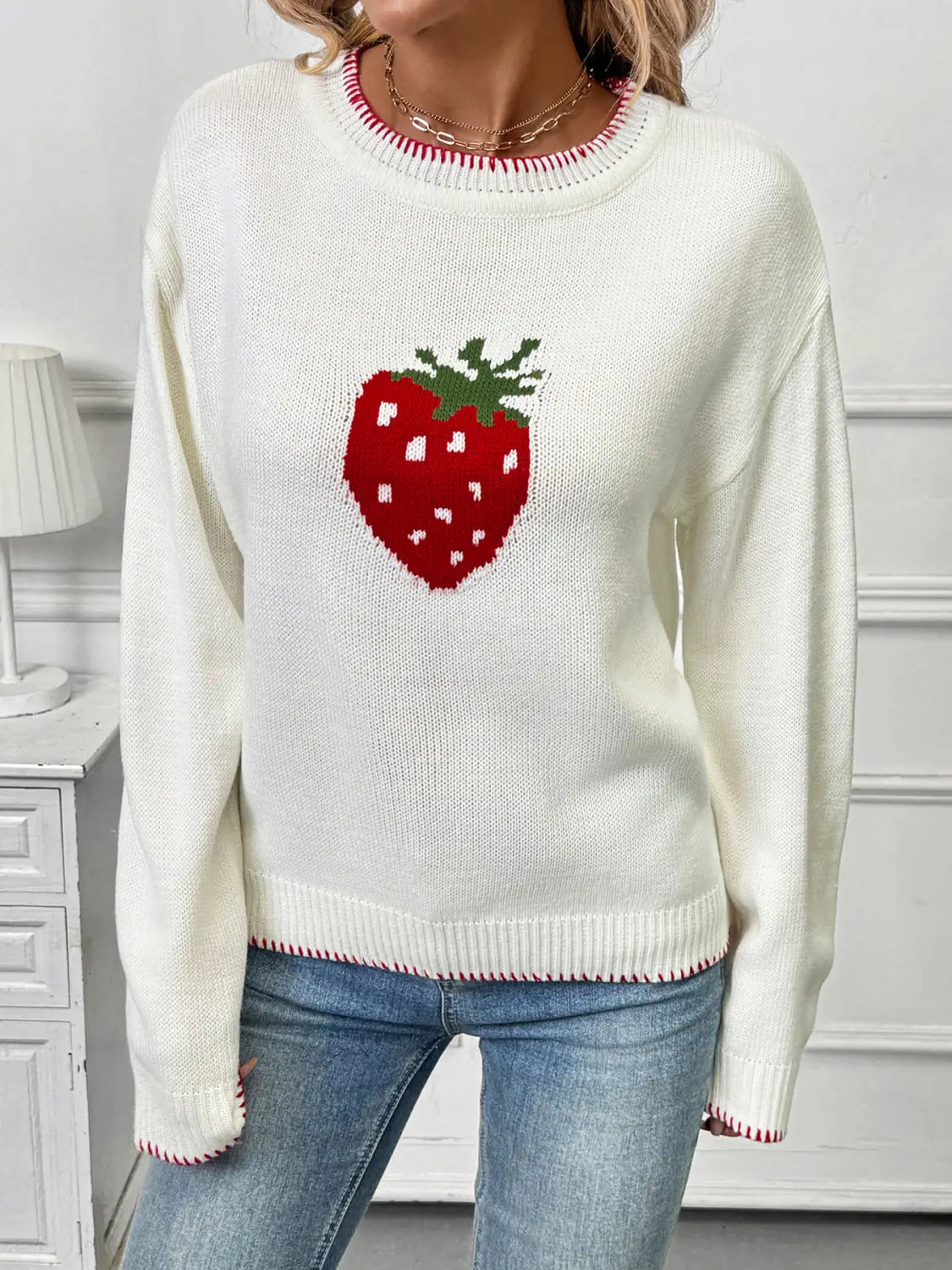 Strawberry Beige Loose Pullover Sweater for Women Acrylic Wool Knit Top