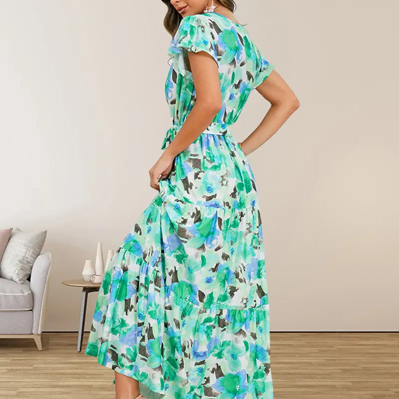 Floral Print Long A-Line Skirt Lace Up Mid Waist Boho Pullover Maxi