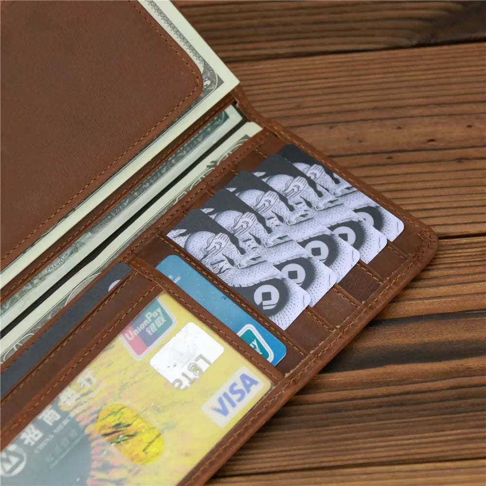 European Retro Leather Long Wallet for Men in Dark and Reddish Brown