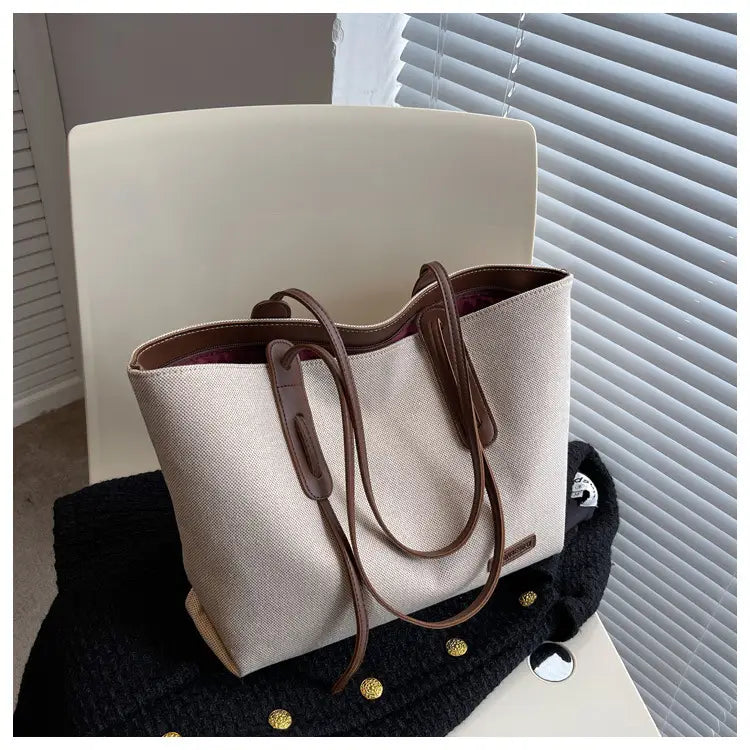 Canvas Shoulder Bag Large Oxford Tote Black Brown Double Strap for Travel Work