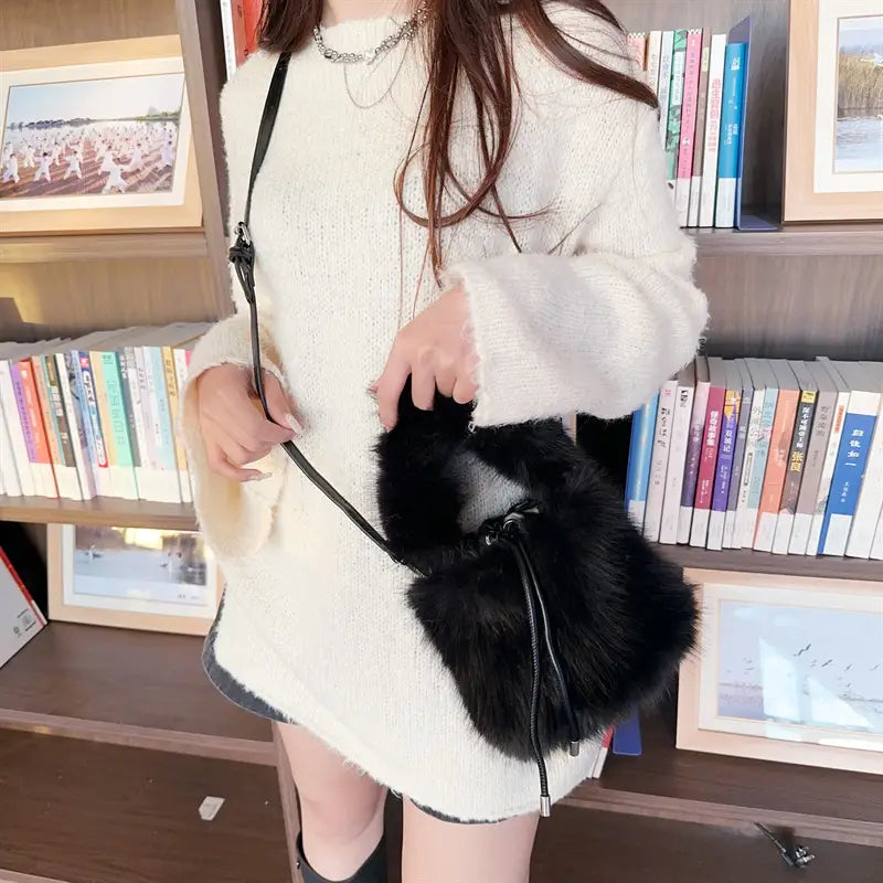 Furry Crossbody Bag Portable Bucket Suitcase with Soft Plush Material