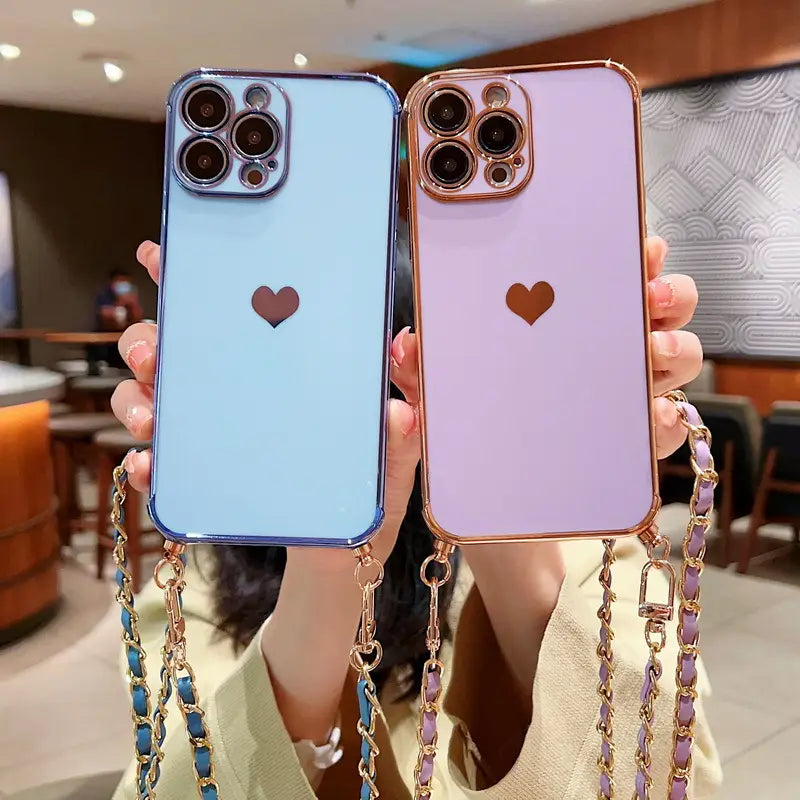 Electroplated Love Lanyard Phone Case for iPhone 11 12 8 with Anti-fall TPU