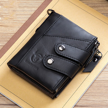 Men’s Genuine Leather Retro Zipper Tri-fold Cowhide Wallet - Cowhide Wallet: For Style and Cash Stash Adventures