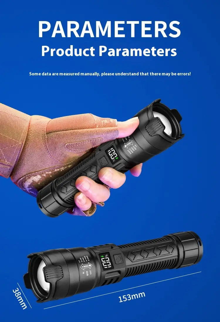Black Digital Focus Flashlight with Portable Long Endurance and Strong Light