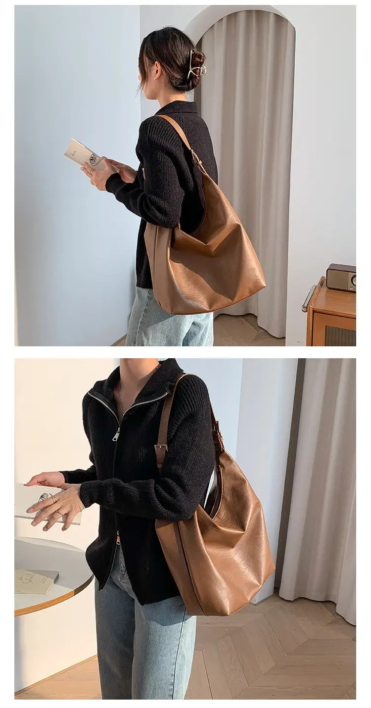 Casual Soft Leather Tote with Polyester Lining and Dumpling Shape Design