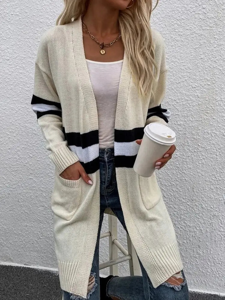 Contrast Color Striped Cardigan Gray Apricot Street Fashion Acrylic Sweater