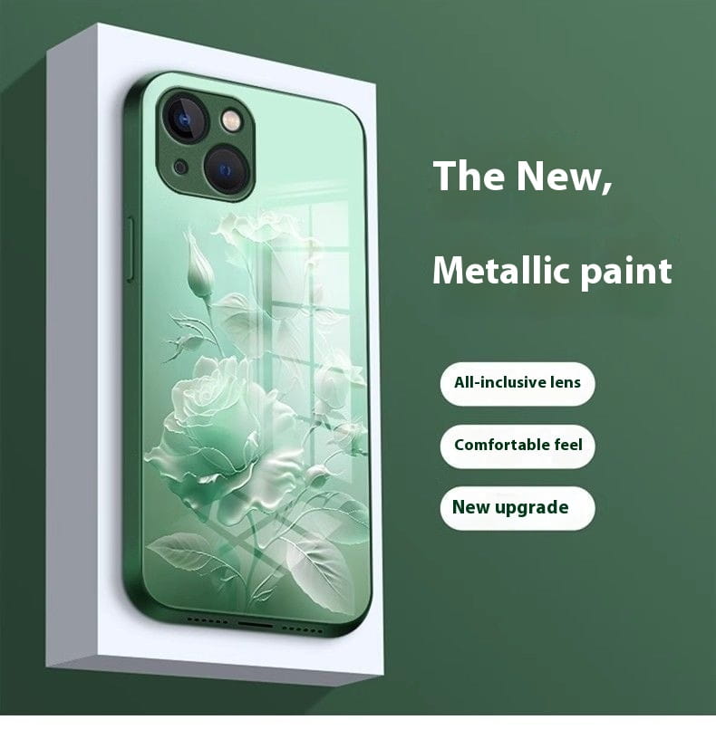 Red Blooming Rose Glass Painted Phone Case for Enhanced Durability