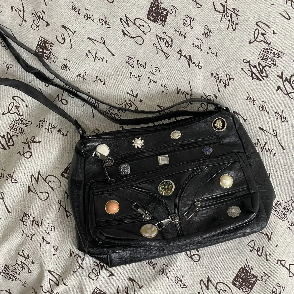 Washed Shoulder Messenger Bag with Vintage Button and Soft PU Lining