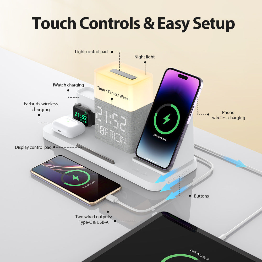 6-in-1 Wireless Charging Set Touch Night Light Mobile Phone Bluetooth Synchronization Time - Charge Like a Pro with 25W