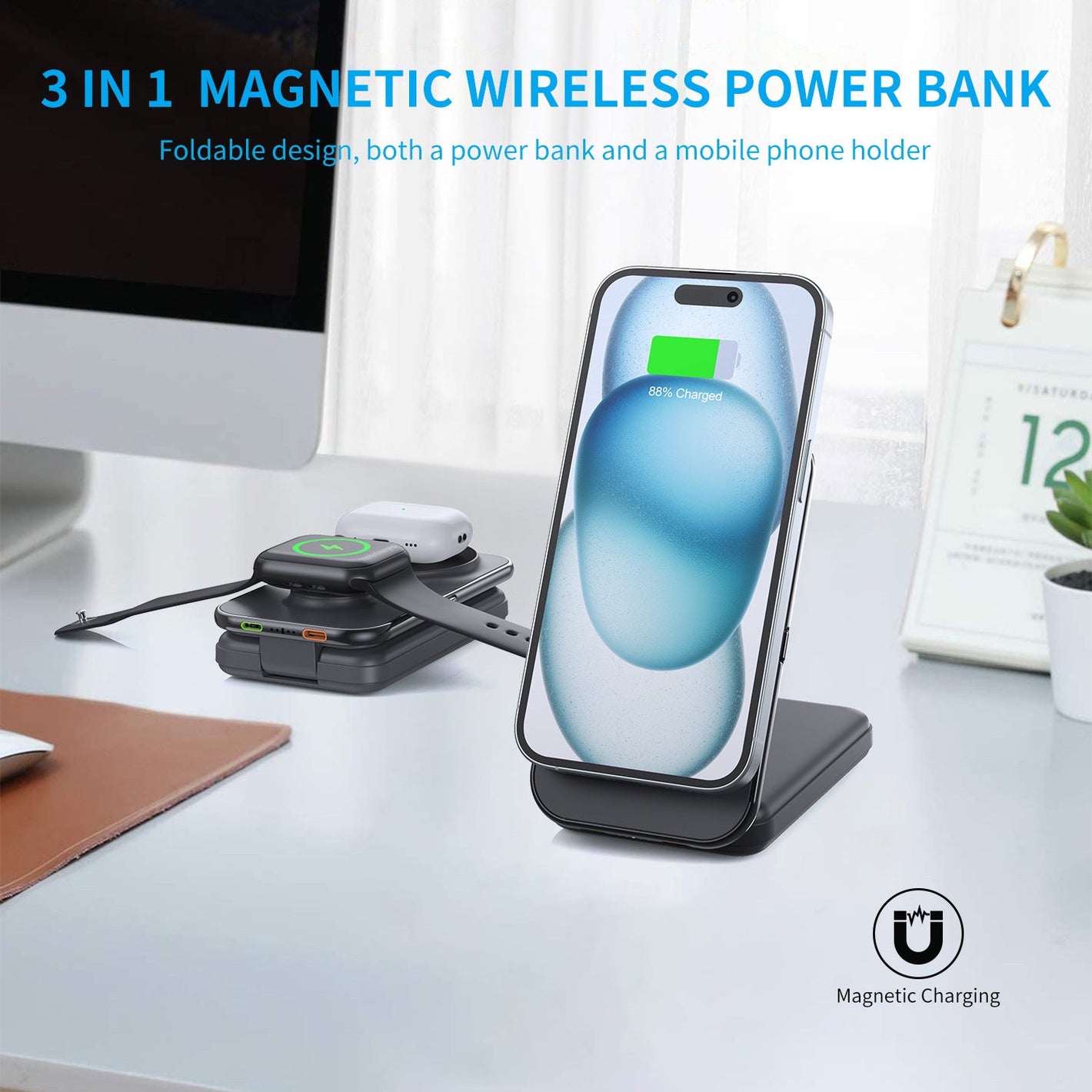 8000mAh Wireless Magnetic Power Bank with Cable Output for Fast Charging - Teleplus cable 8000mah wireless magnetic