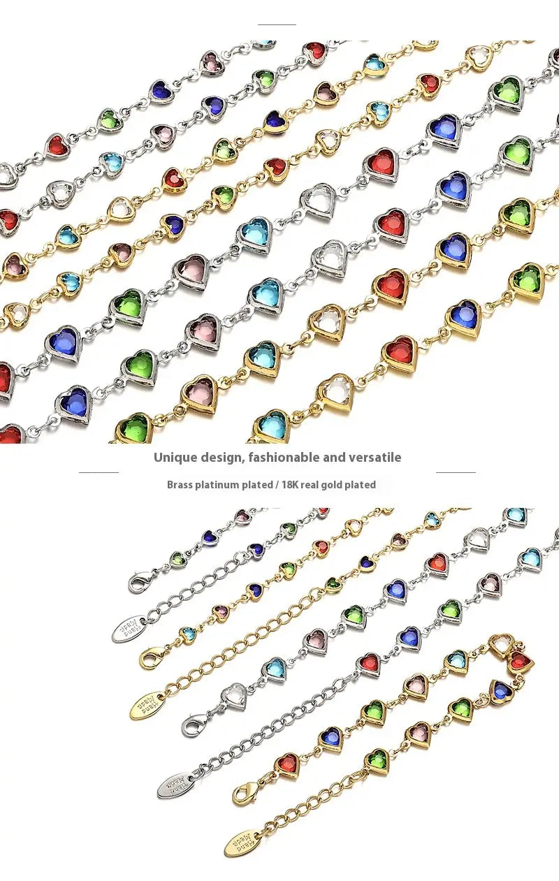 Brass Plated 18K Real Goldwhite Gold Color Ins Fashion Special-interest Summer Candy Color Glass Heart Bracelet Necklace