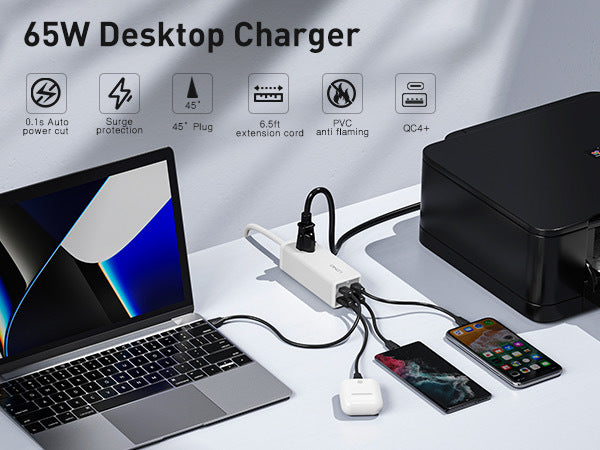 USB C Charger MANTO 65W 5-in-1 GaN USB Charging Station Super Fast Charger With 2 USB C Ports 2 USB Ports And 1 Outlet