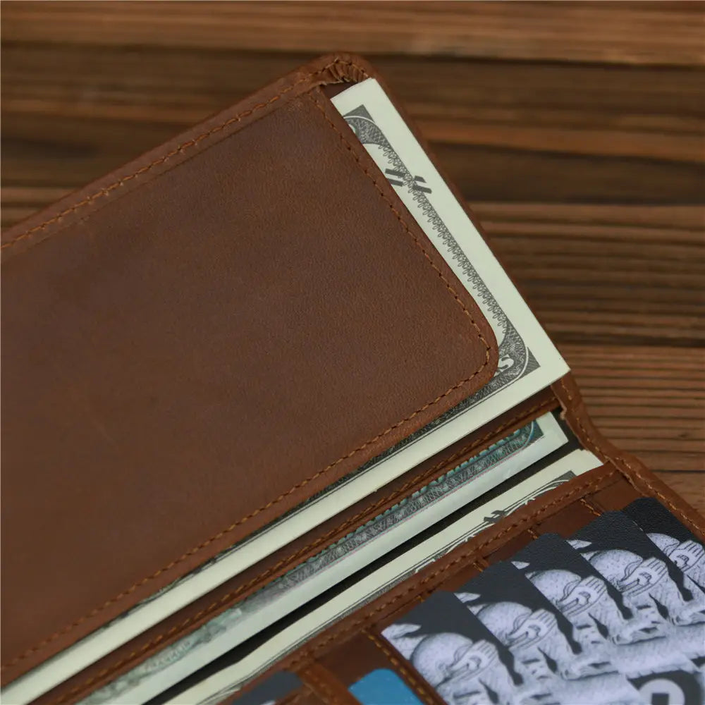 European Retro Leather Long Wallet for Men in Dark and Reddish Brown