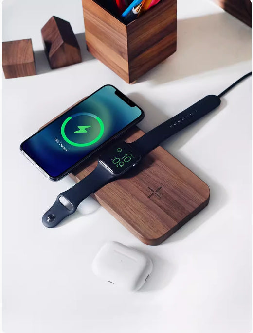 Black Walnut Genuine Goods Three-in-one Watch Headset Wireless Charger - Charge Like a Pro with Black Walnut Wireless