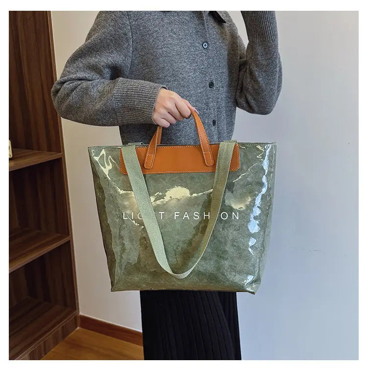 Kraft Paper Shoulder Bag Medium Square Tote in Neutral and Green Colors