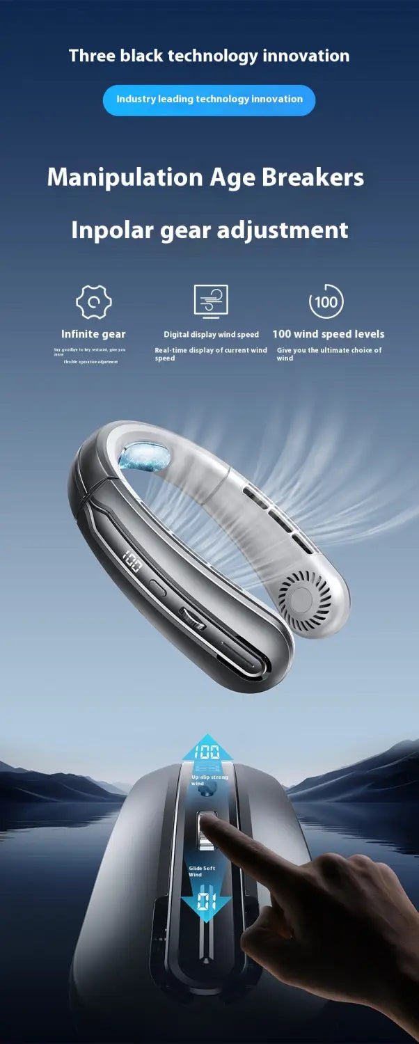 Outdoor Sports Portable Hanging Neck Fan with Digital Display and Lithium Battery