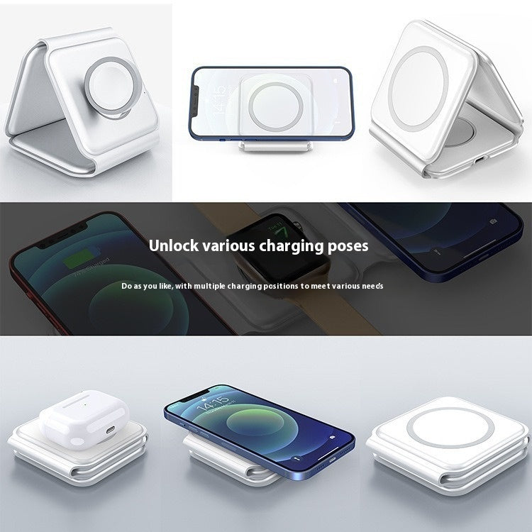 3 In 1 Magnetic Wireless Charging Folding Mobile Phone Holder - Charge Like a Pro with This Foldable White Product