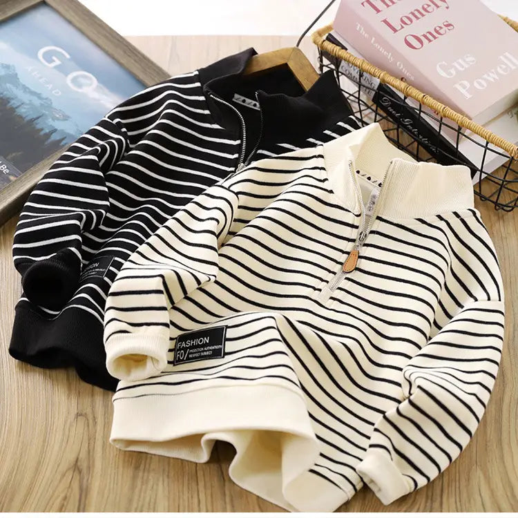 Beige Striped Zip Sweater for Men and Women with Polo Collar Fashion
