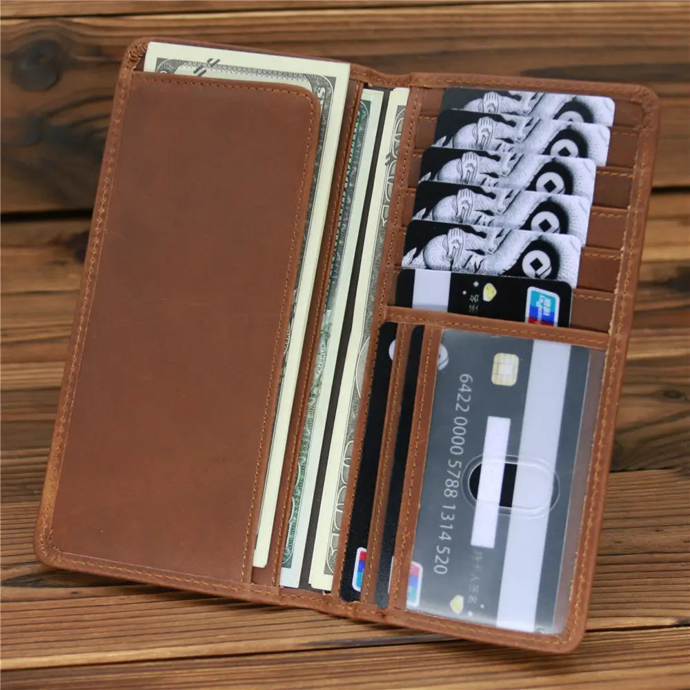 European Retro Leather Long Wallet for Men in Dark and Reddish Brown